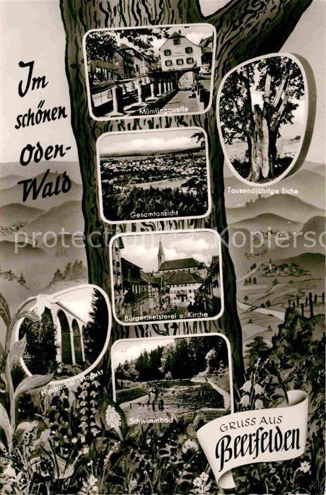 Beerfelden Odenwald Muemlingquelle Gesamtansicht Buergermeisterei Kirche Schwimm