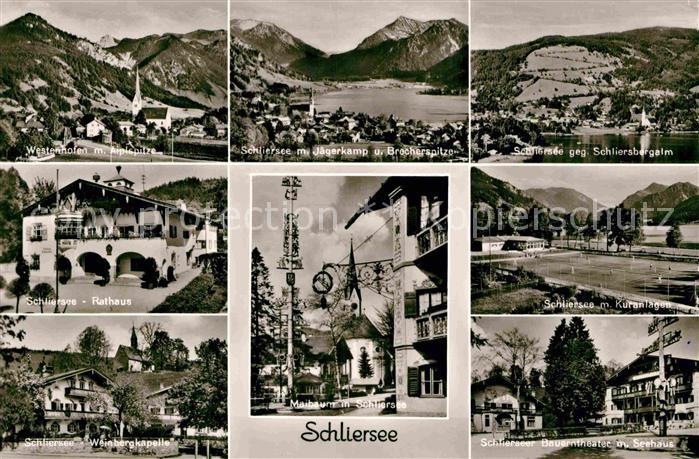 Schliersee Gesamtansicht mit Alpenpanorama Rathaus Kapelle Maibaum Bauerntheater
