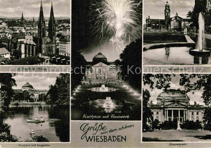 Wiesbaden St Bonifatiuskirche Kurhaus Feuerwerk Hauptbahnhof Staatstheater Kurga
