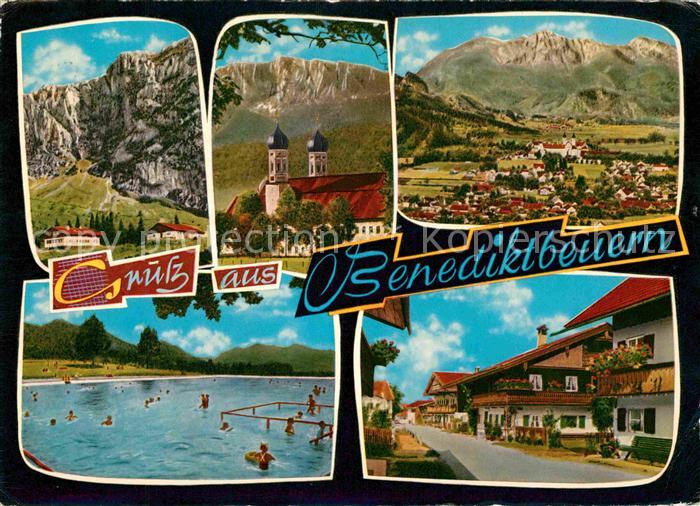 Benediktbeuern Gesamtansicht mit Alpenpanorama Kirche Freibad Strassenpartie