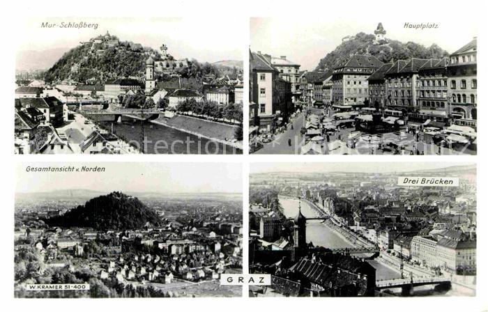 Graz Steiermark Mur Schlossberg Gesamtansicht Drei Bruecken Hauptplatz