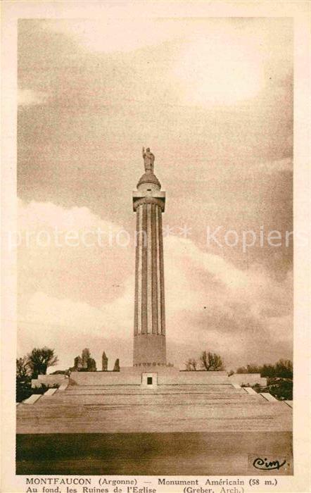 Montfaucon-d Argonne Monument Americain au fond Ruines de l'Eglise
