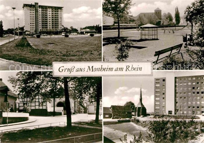 Monheim Rhein Teilansichten Hochhaus Kinderspielplatz Kirche