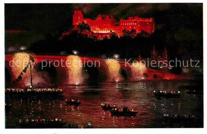 Heidelberg Neckar Schloss und Bruecke beleuchtet