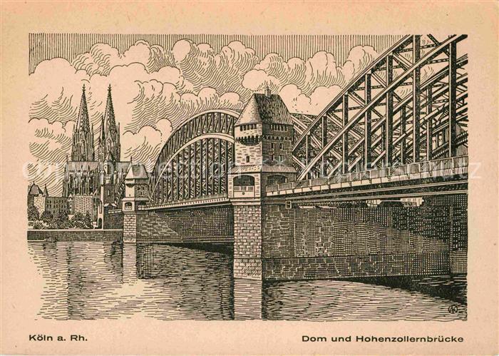 Koeln Rhein Dom und Hohenzollernbruecke Kuenstlerkarte