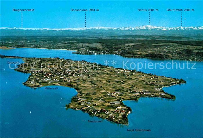 Insel Reichenau mit Alpenkette Fliegeraufnahme