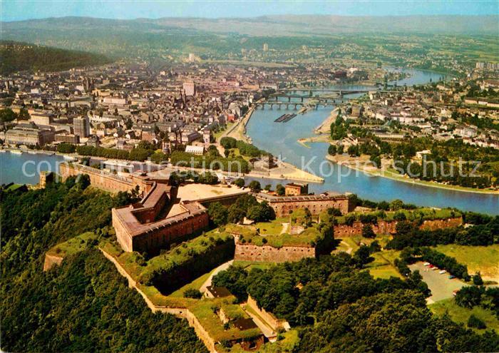 Koblenz Rhein Festung Ehrenbreitstein und Deutsches Eck Fliegeraufnahme