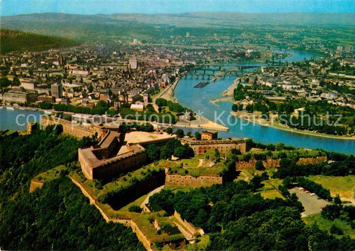 Koblenz Rhein Festung Ehrenbreitstein und Deutsches Eck Fliegeraufnahme
