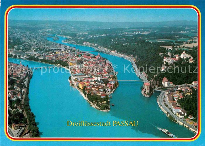 PAssAU Bayern Dreifluessestadt Zusammenfluss von Donau Inn und Ilz Fliegeraufnah