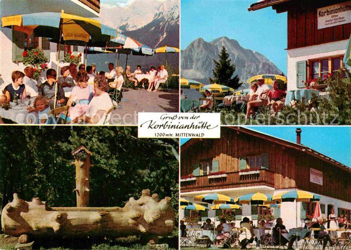 Mittenwald Bayern Korbinianhuette Terrasse Brunnen