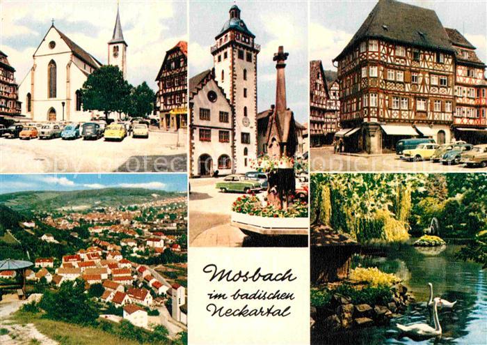 Mosbach Baden Marktplatz Kirche Brunnen Fachwerkhaus Schwanenteich