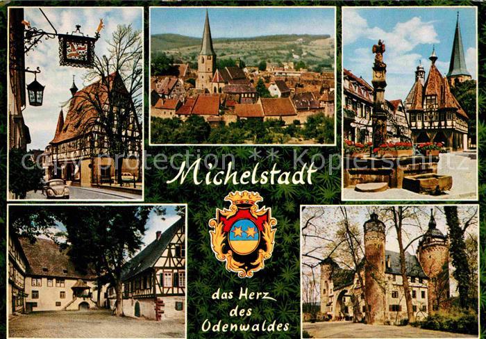 Michelstadt Fachwerkhaus Stadtbild mit Kirche Brunnen Rathaus Schloss Wappen