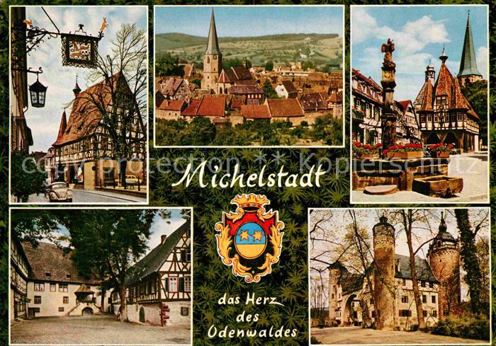 Michelstadt Fachwerkhaus Stadtbild mit Kirche Brunnen Rathaus Schloss Wappen