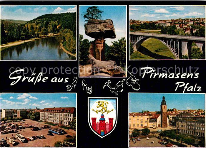 Pirmasens Partie am Fluss Felsformation Bruecke Platz Wappen