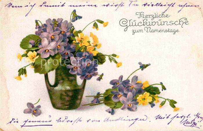 Namenstag Namenskarte Veilchen Schluesselblumen Litho