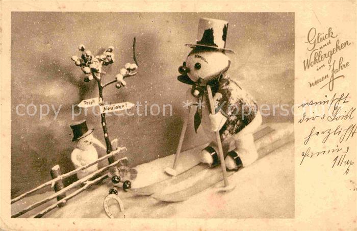 Schneemann Neujahr Skifahren Hufeisen Zylinder