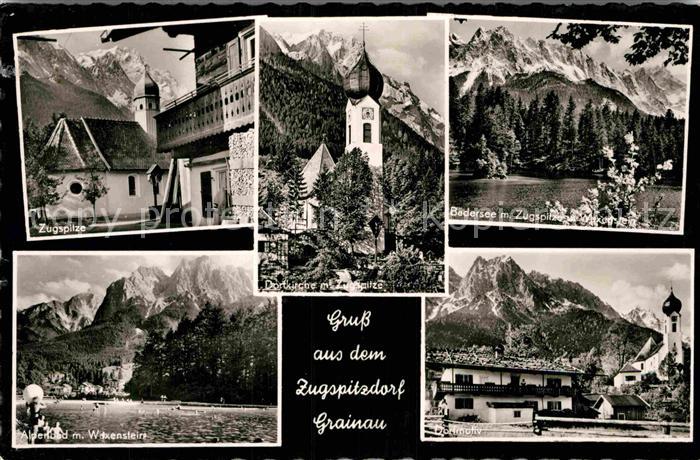 Grainau Ortsmotiv mit Zugspitze Dorfkirche Alpenbad Waxenstein Wettersteingebirg