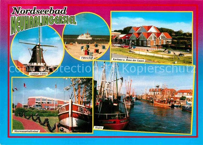 Neuharlingersiel Windmuehle Faehrschiff Kurhaus Haus des Gastes Meerwasserhallen