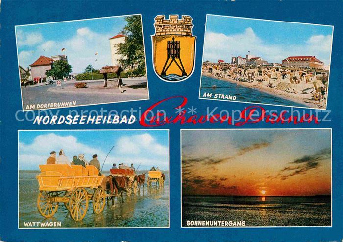 Duhnen Nordsee Dorfbrunnen Strand Wattwagen Sonnenuntergang am Meer