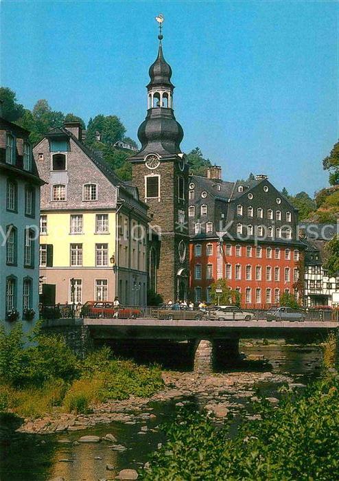 Monschau Montjoie NRW Blick zum Roten Haus Rur Bruecke
