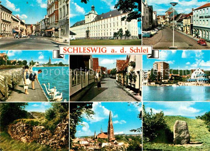 Schleswig Schlei Strassenpartien Gebaeude Kirche Gedenkstein Schwaene