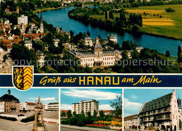 Hanau Main Panorama Blick ueber den Main Schloss Platz Hochhaus Historisches Geb