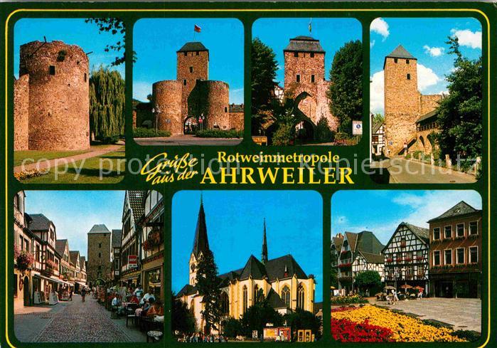 Ahrweiler Ahr Stadtmauer und Tuerme Kirche Fachwerk