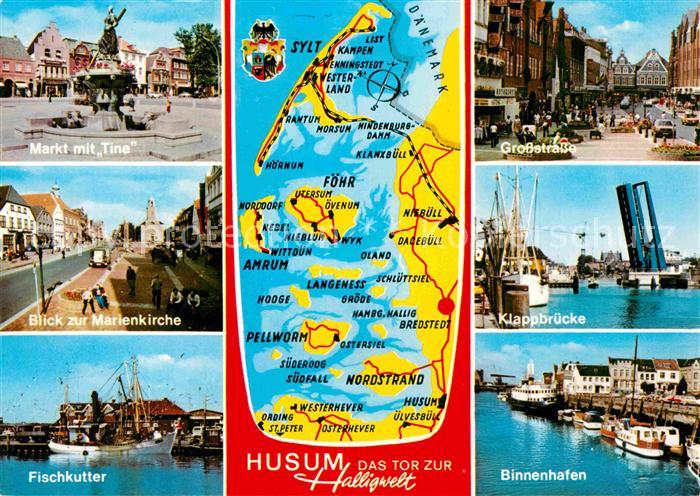 Husum Nordfriesland Fischkutter Markt mit Tine Marienkirche Binnenhafen Klappbru