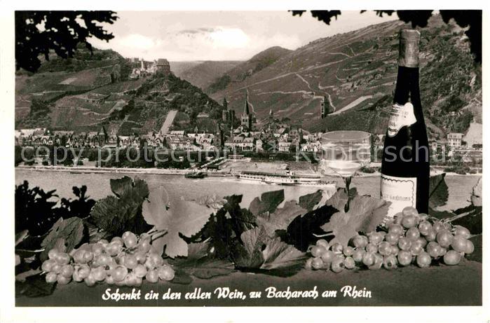 Bacharach Rhein Trinkspruch Weinflasche Weinreben Weintrauben Blick ueber den Rh