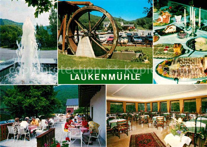 Lorch Rheingau Speiserestaurant Cafe Laukenmuehle im Wispertal Wasserrad Fontaen
