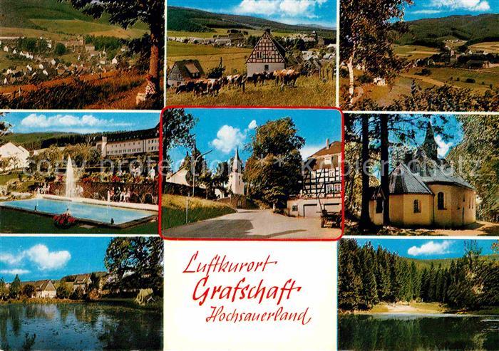 Grafschaft Sauerland Teilansichten Luftkurort Freibad Teich Ortsmotiv mit Kirche