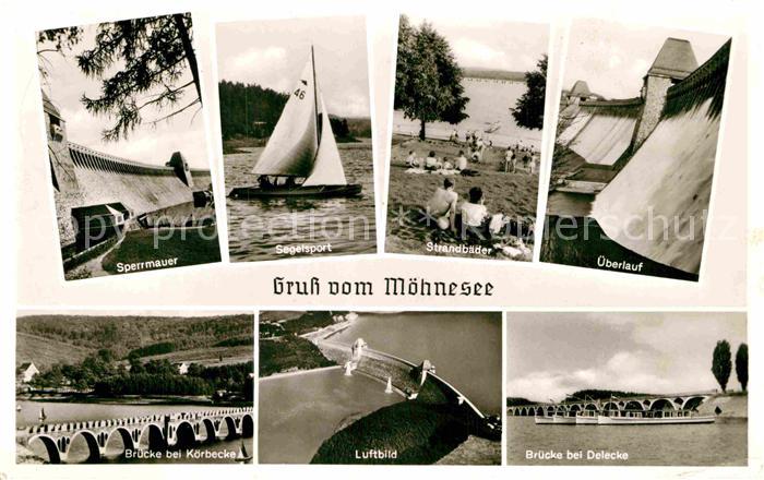 Moehnesee Sperrmauer Segelsport ueberlauf Bruecke Delecke