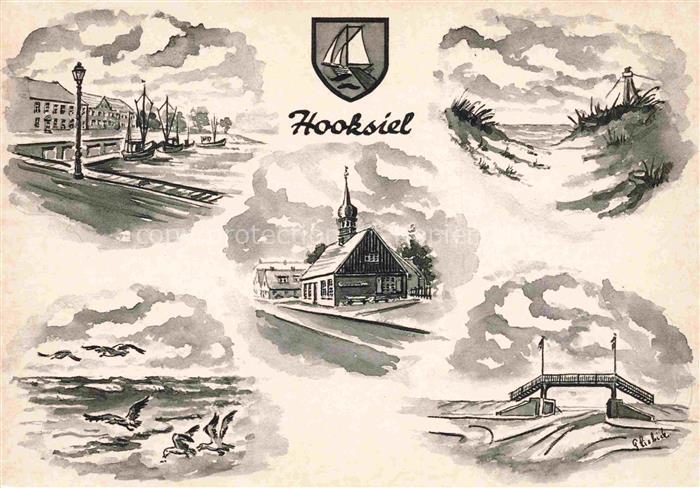 Hooksiel Nordseebad Wangerland Friesland Niedersachsen Zeichnung mit Kirche Duen