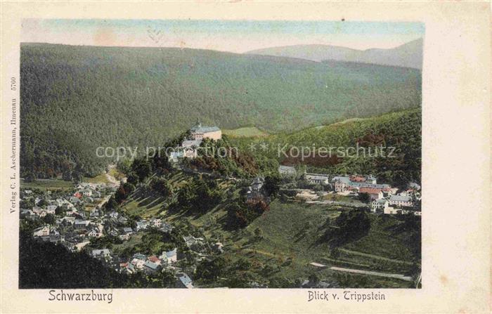 Schwarzburg Rudolstadt Thueringen Panorama mit Schloss Blick vom Trippstein