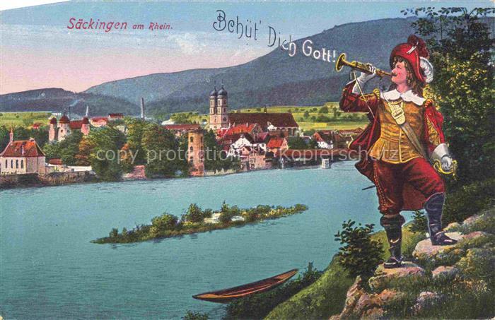 Saeckingen Bad Baden BW Trompeter von Saeckingen Blick ueber den Rhein zur Stadt