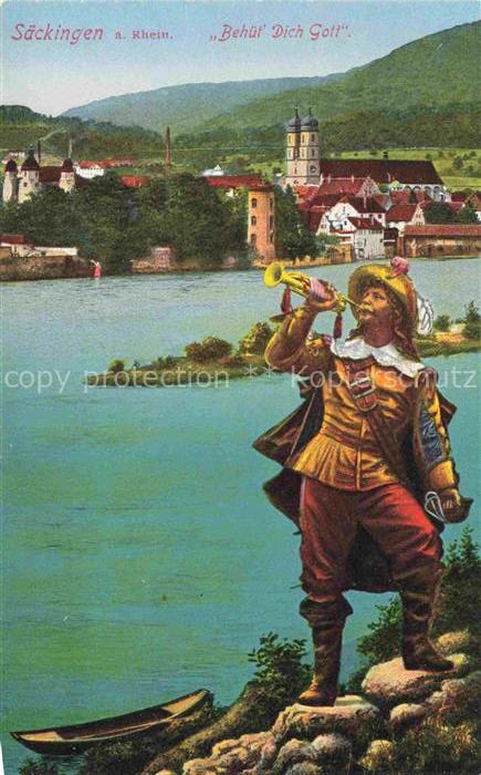 Saeckingen Bad Baden BW Trompeter von Saeckingen Blick ueber den Rhein zur Stadt