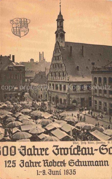 ZWICKAU  Sachsen Hauptmarkt mit Gewandhaus Festpostkarte 125 Jahre Robert Schuma