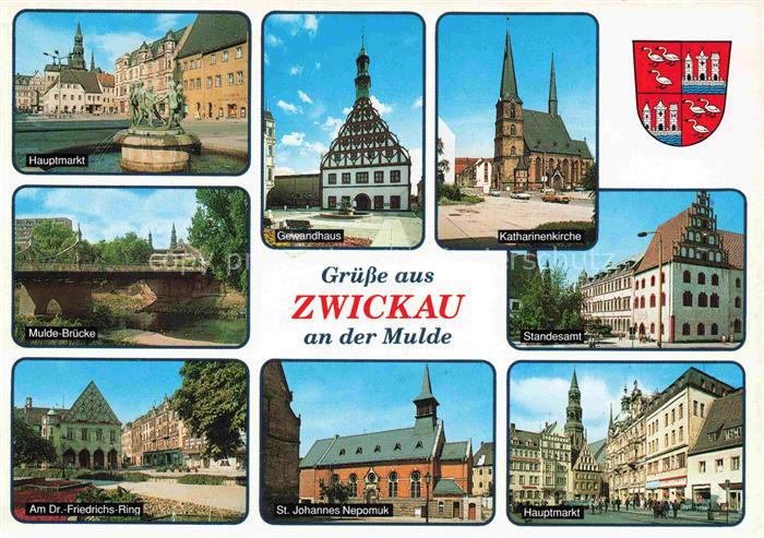 ZWICKAU  Sachsen Hauptmarkt Brunnen Gewandhaus Kirche Standesamt Mulde Bruecke D