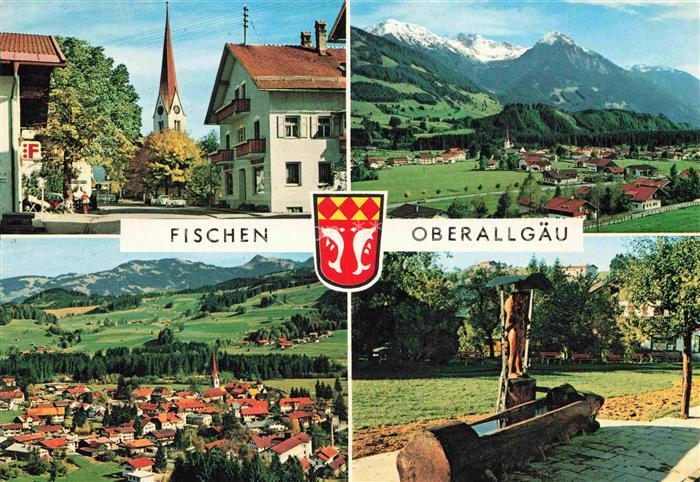 Fischen Allgaeu Bayern Motiv mit Kirche Brunnen Panorama Allgaeuer Alpen