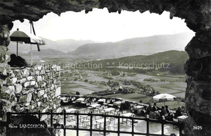 VILLACH Kaernten AT Panorama Blick von Ruine Landskron Gaststaette Terrasse