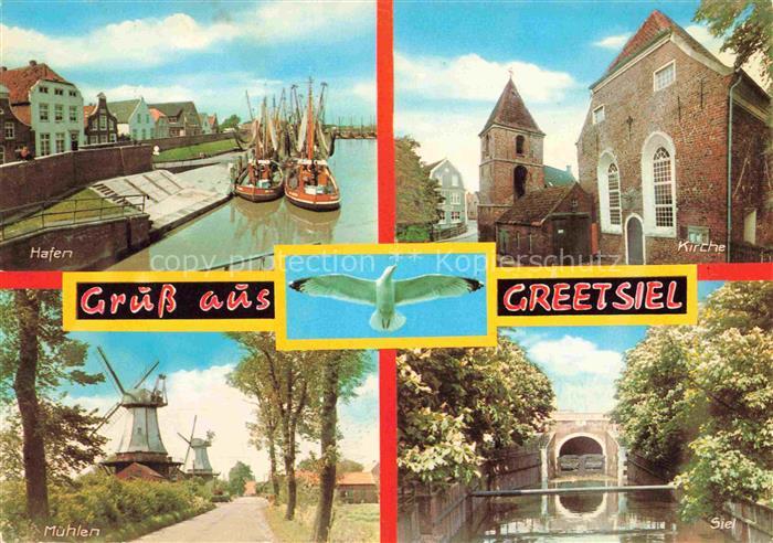 Greetsiel Krummhoern Aurich Niedersachsen Hafen Kirche Muehlen Siel Moewe