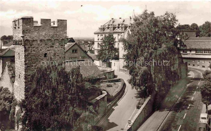 Bensheim Bergstrasse Hessen Blauer-Turm Stadtmauer Schloss Strasse Baeume mittel
