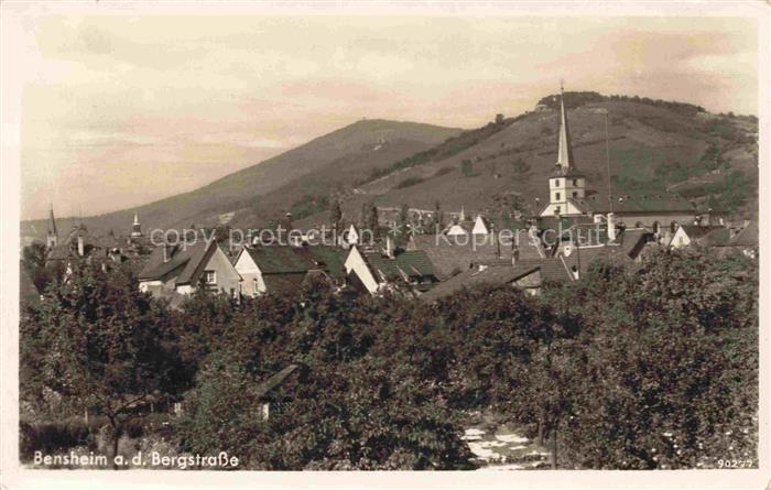 Bensheim Bergstrasse Hessen Kirchturm Altstadt Daecher Berg Baeume Stadtansicht