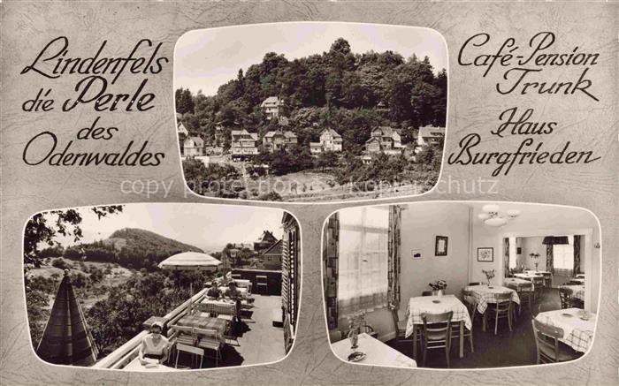 Lindenfels Odenwald Hessen Café-Pension Haus-Burgfrieden Terrasse Gastraum Burg