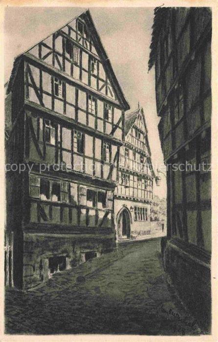 Schlitz Hessen Schachtenburg Fachwerkhaeuser Gasse Kohlezeichnung Kunstkarte Kop