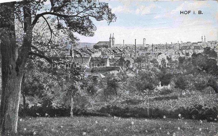Hof Saale Stadtpanorama Kirchturm Fabrikschornsteine Baeume Wiesen Industrie