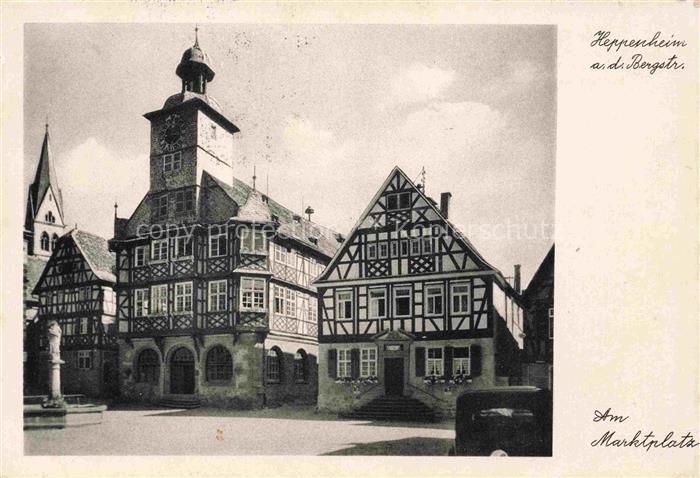Heppenheim Bergstrasse Hessen Marktplatz Rathaus-Uhrturm Fachwerkhaeuser Brunnen