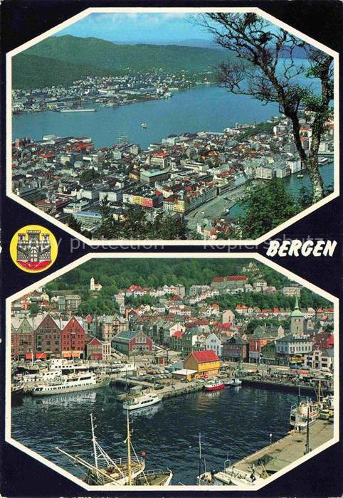 Fantoft Bergen Norge Panorama Hafen Bryggen Fischerboote Lagerhaeuser Stadtansic