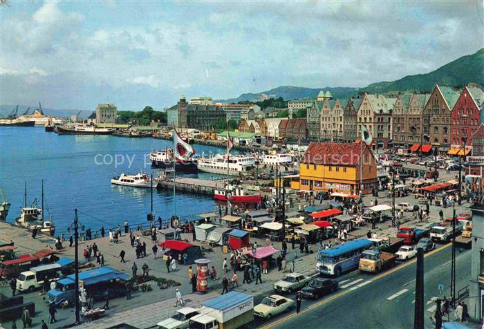 Fantoft Bergen Norge Fisketorget Vågen Hafen Fischmarkt Hansehaeuser Boote Markt