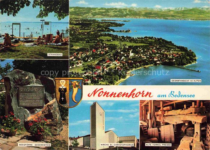 Nonnenhorn Bodensee Strandbad Gesamtansicht Alpen Seegfoerne-Gedenkstein Kirche-